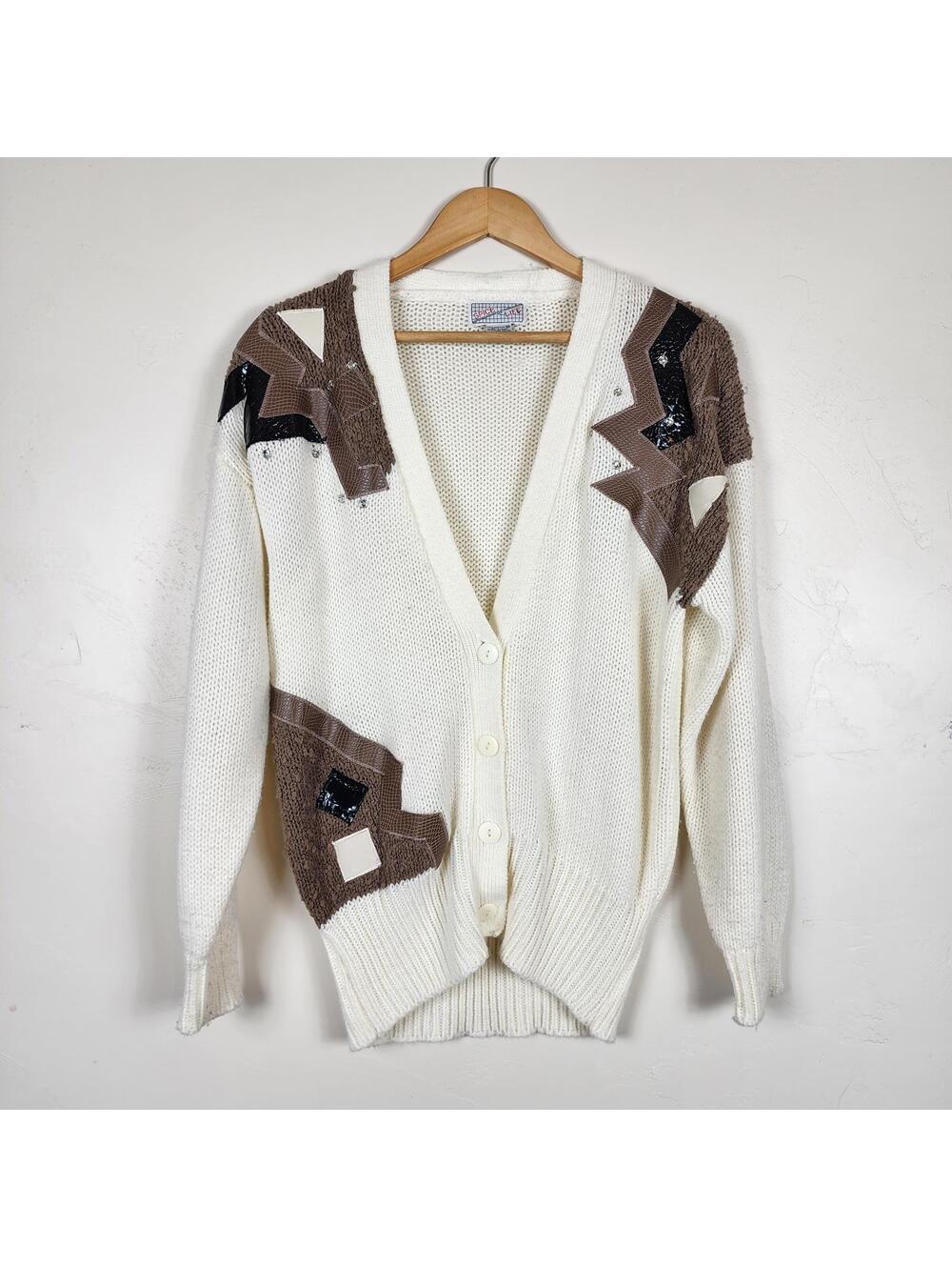 Vintage Spice of Life 80's Ivory Brown Knit Cardigan Sweater Women’s Western